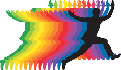 Man leaps forward leaving multi-colored rainbow trail.
Colorful vector illustration of leaping man in silhouette.
