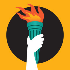 Badge or icon of arm holding burning torch
Vector illustration of a person’s arm holding a flaming torch high to symbolize enlightenment, freedom and knowledge.