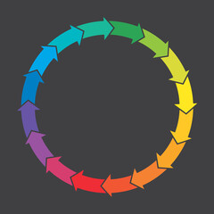 Rainbow colored circle of arrows badge or icon
Vector illustration of arrows in a circle creating infinite movement to symbolize recycling, rebirth, or infinity.