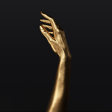 3d rendering abstract touching golden arm. Beautiful female gold hand relaxed gesture