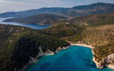 Drone aerial shot of a beach at the island of Ithaca at the Ionian sea. 