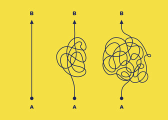 Three roads way - easy, medium, hard from point A to B-business metaphor. Chaos and simple way. Searching solution problem concept. Vector illustration 10 eps