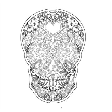 Sugar skull  wreath of red roses. Coloring pages for adult. Day of the Dead Sugar Skull in Mexico. Dia de los Muertos Mexican national holiday,