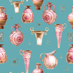 Pattern styling of stylized vases and jugs. Turquoise background