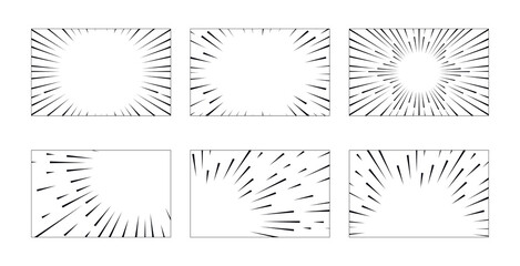 Comic book speed lines set isolated on background stripe and radial effect style for manga speed frame, superhero action, explosion background. Motion line effect, pop art. Vector 10 eps
