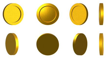 3D illustration golden coins. Set of spinning gold coins in many views rotate in different angles isolated on white background.The glittering light of the coin caught eye.
