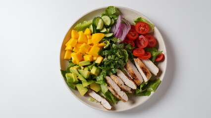 Salad with chicken breast, fresh mango, avocado, cucumber, cherry tomatoes, lettuce. Healthy food concept