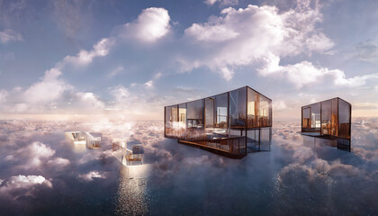 Cloud architecture. Abstract futuristic landscape. clouds at sunset, reflection in the water. Modern glass buildings. 3D illustration.