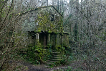 Fototapeta na wymiar Old water mill house covered with moss in a forest with dense vegetation. Ethnographic group of Maquias in Zamanes. Vigo - Spain