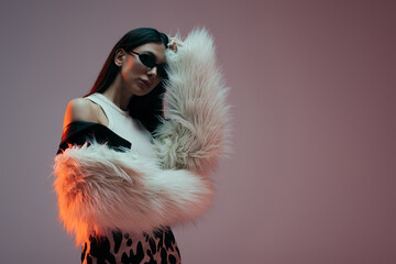 fashionable young woman in sunglasses and white faux fur jacket posing on grey.