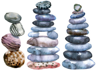 Watercolour painting of a stacks of flat pebbles