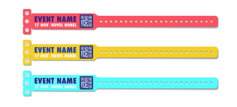 Bracelet vector template event access different color set for id fan zone or vip, party entrance, concert backstage identification, security checking, event. Mock up festival bracelet. 10 eps