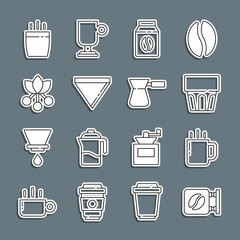 Set line Street signboard coffee, Coffee cup, Glass with water, Bag beans, paper filter, bean, branch, and turk icon. Vector