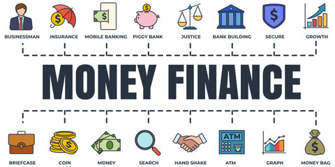 Obraz na płótnie Canvas Finance banner web icon set. money, search, graph, businessman, bank building and more vector illustration concept.