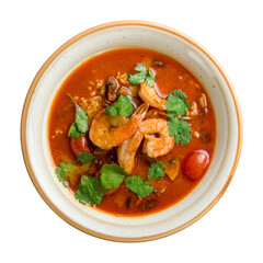 Tom Yam soup with rice and shrimps isolated on white background top view