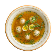 Chicken soup with chicken meatballs and vegetables isolated on white background top view