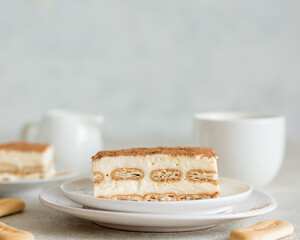 Dessert tiramisu close up, background in blur
