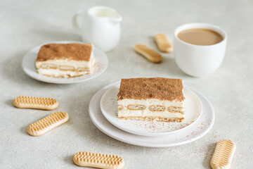 Dessert tiramisu close up, background in blur