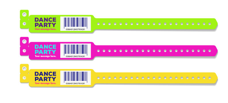 Bracelet dance party event access different color for id fan zone or vip, party entrance, concert backstage identification, security checking, event. Mock up festival bracelet. Vector 10 eps