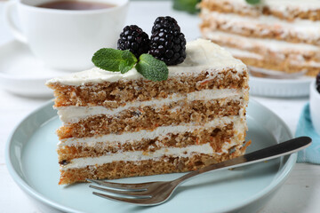 Tasty cake with berries on plate, closeup