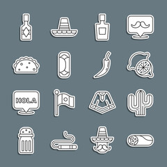 Set line Burrito, Cactus, Lime, Tequila bottle, Taco with tortilla, Tabasco sauce and Hot chili pepper pod icon. Vector