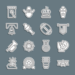 Set line Star American military, Baseball glove with ball, flag, Burger, Torch flame, Liberty bell in Philadelphia, Calendar date July 4 and Football icon. Vector