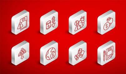 Set line Contract money and pen, Drop in crude oil price, Global economic crisis, Debt ball chained to coin, Credit card, and Gold bars icon. Vector