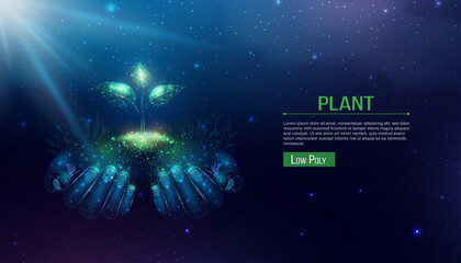 Two human hands are holds green sprout. Glowing low poly hands and plant on dark blue background. Wireframe low poly design. Abstract futuristic vector illustration.