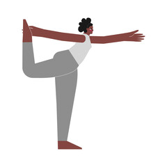 Vector illustration with flat Female young character. Sportive african american woman learns stretching posture and does Lord of the Dance Pose at yoga class. Balancing exercise - Natarajasana