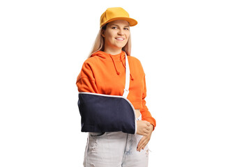 Young female with a broken arm wearing an arm splint