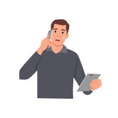 Young man upset talking on the phone looking troubled by conversation. Flat vector illustration isolated on white background