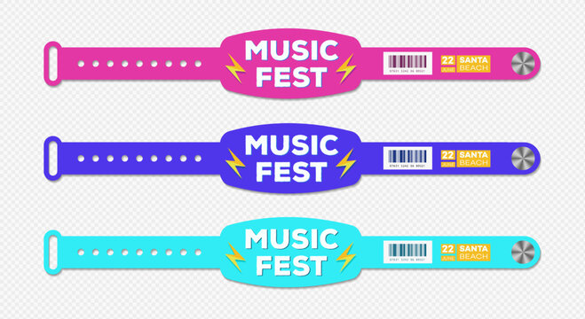 Bracelet music fest event access vector template different color for id fan zone or vip, party entrance, concert backstage identification, security checking, event. Mock up festival bracelet. 10 eps