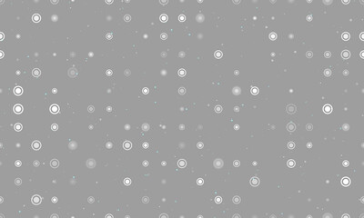 Seamless background pattern of evenly spaced white radio button symbols of different sizes and opacity. Vector illustration on grey background with stars