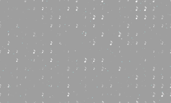 Seamless background pattern of evenly spaced white musical note symbols of different sizes and opacity. Vector illustration on grey background with stars