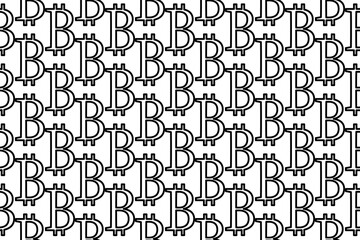 Seamless pattern completely filled with outlines of bitcoin symbols. Elements are evenly spaced. Vector illustration on white background
