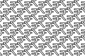 Seamless pattern completely filled with outlines of indian rupee symbols. Elements are evenly spaced. Vector illustration on white background