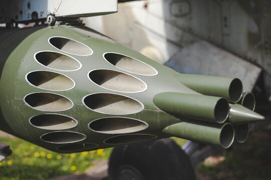Closeup shot of a rocket pod on a Mi-24 helicopter
