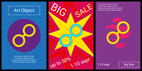 Trendy retro posters for organizing sales and other events. Large astrological opposition symbol in the center of each poster. Vector illustration on black background