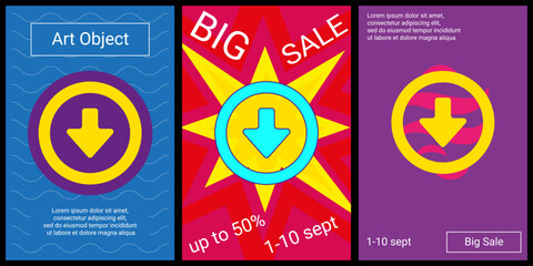 Trendy retro posters for organizing sales and other events. Large download symbol in the center of each poster. Vector illustration on black background