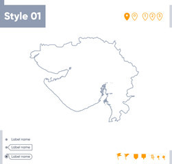 Gujarat, India - stroke map isolated on white background. Outline map. Vector map