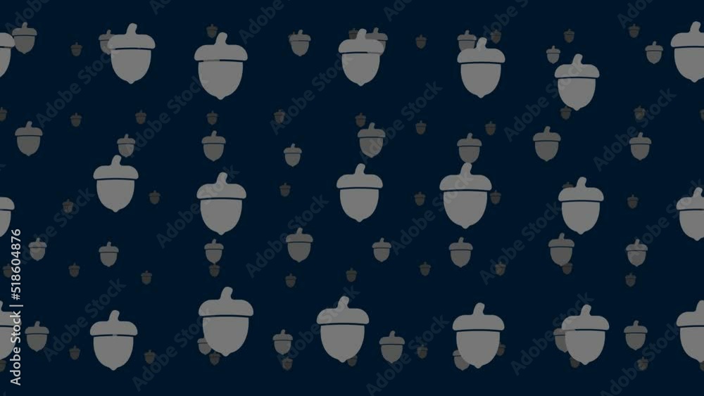 Poster Acorn symbols float horizontally from left to right. Parallax fly effect. Floating symbols are located randomly. Seamless looped 4k animation on dark blue background