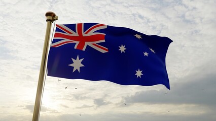 Flag of Australia waving in the wind, sky and sun background. Australian Flag 3d rendering.
