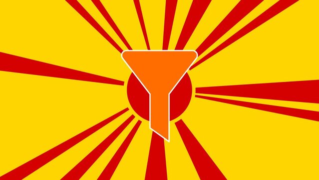 Funnel symbol on the background of animation from moving rays of the sun. Large orange symbol increases slightly. Seamless looped 4k animation on yellow background