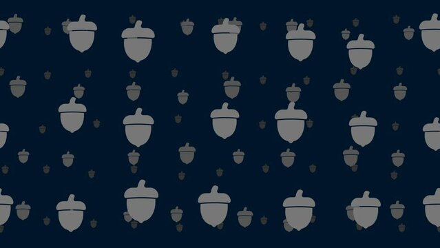 Acorn symbols float horizontally from left to right. Parallax fly effect. Floating symbols are located randomly. Seamless looped 4k animation on dark blue background