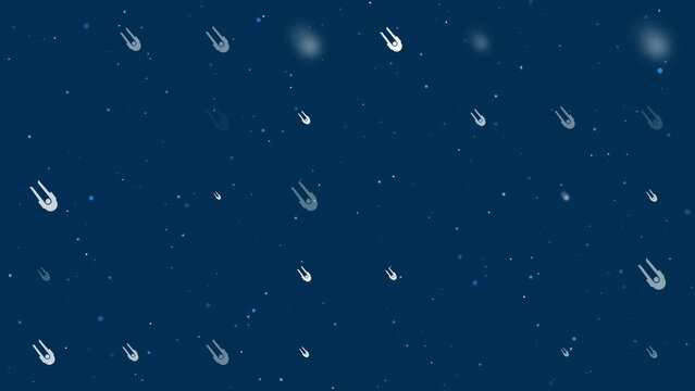 Template animation of evenly spaced solo bobsleigh symbols of different sizes and opacity. Animation of transparency and size. Seamless looped 4k animation on dark blue background with stars