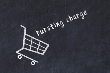 Chalk drawing of shopping cart and word bursting charge on black chalboard. Concept of globalization and mass consuming - obrazy, fototapety, plakaty