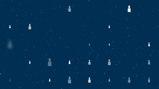 Template animation of evenly spaced nail polish symbols of different sizes and opacity. Animation of transparency and size. Seamless looped 4k animation on dark blue background with stars