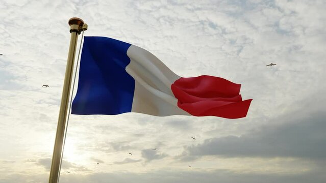 Flag of France waving in the wind, sky and sun background. France Flag Video. Realistic Animation, 4K UHD 25 FPS. 3D Animation 