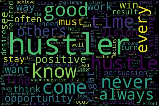 Word tag cloud on black background. Concept of hustler