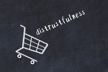 Chalk drawing of shopping cart and word distrustfulness on black chalboard. Concept of globalization and mass consuming - obrazy, fototapety, plakaty